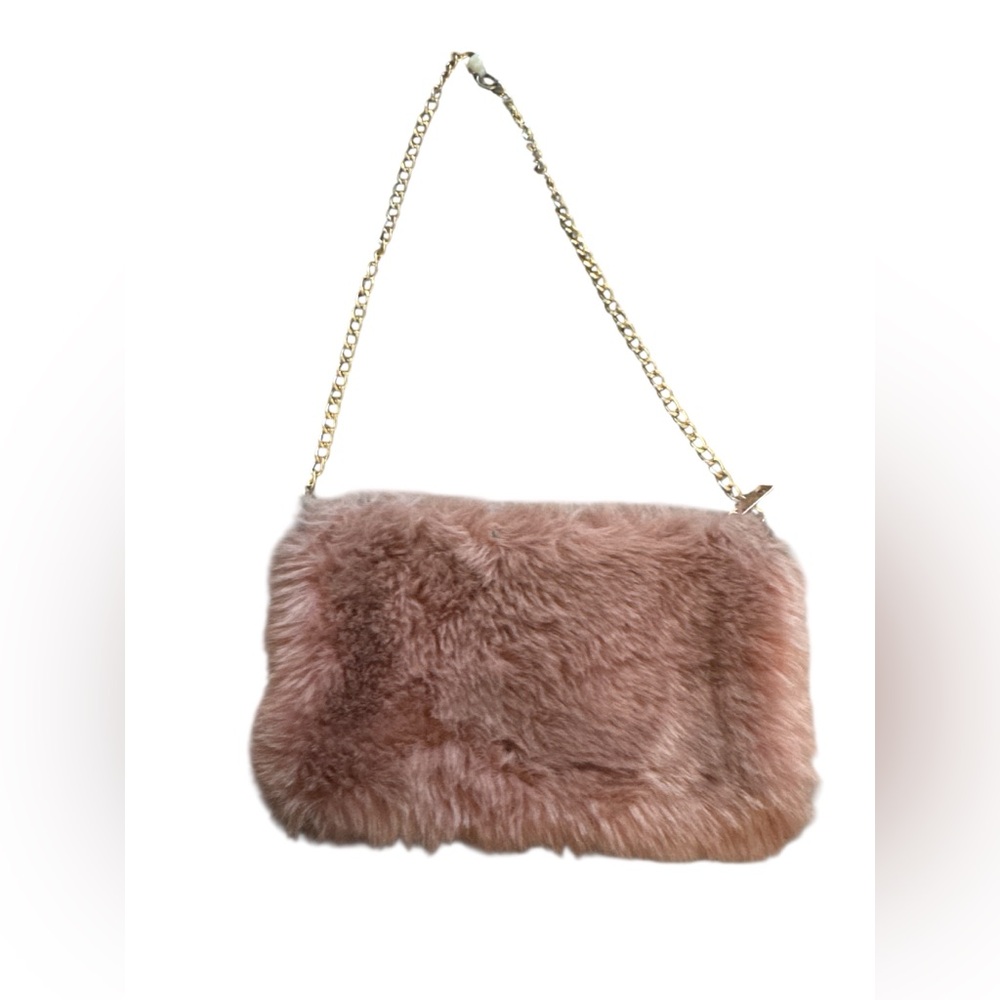 Luxurious Pink Faux Fur Shoulder Bag Fluffy Mini Purse with Gold Chain Strap